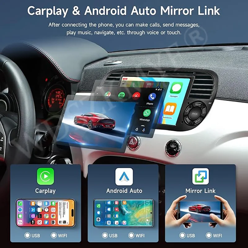 Android 13 Wireless CarPlay for Apple 2Din Auto Radio for FIAT 500 Abarth 2007 2008 2009-2015 Multimedia Screen Stereo GPS BT
