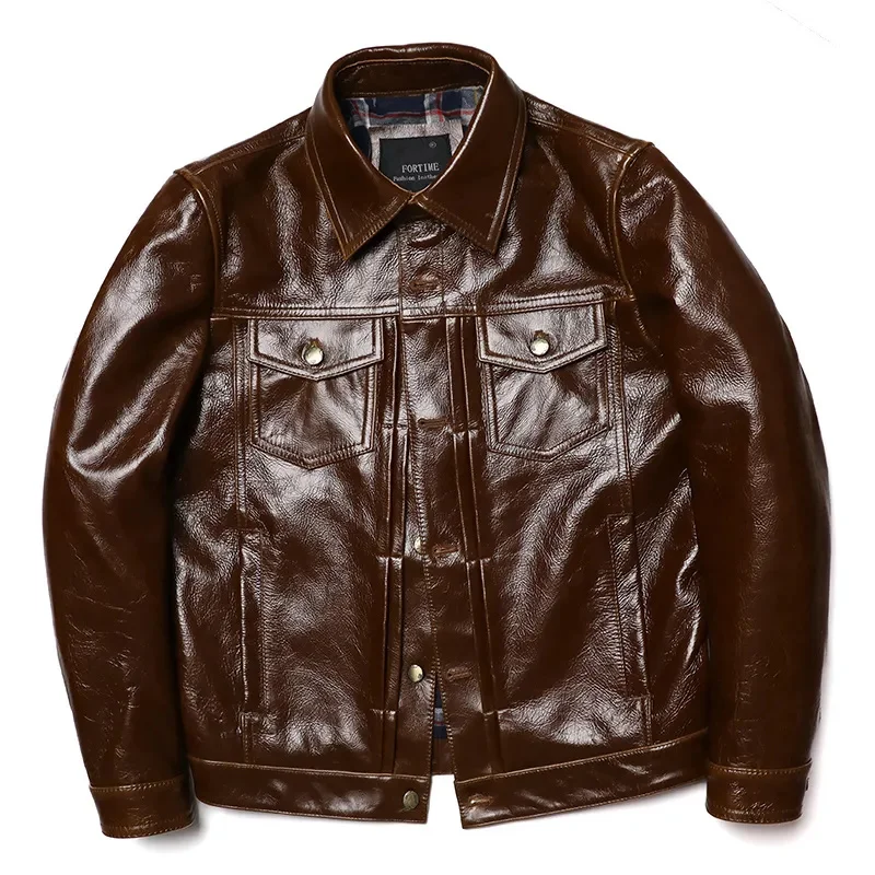 

Classical 507 Denim Brown Genuine Leather Jacket Man Casual Natural Oil Wax Calf Skin Jackets Cowhide Clothes Slim Fashion Coat