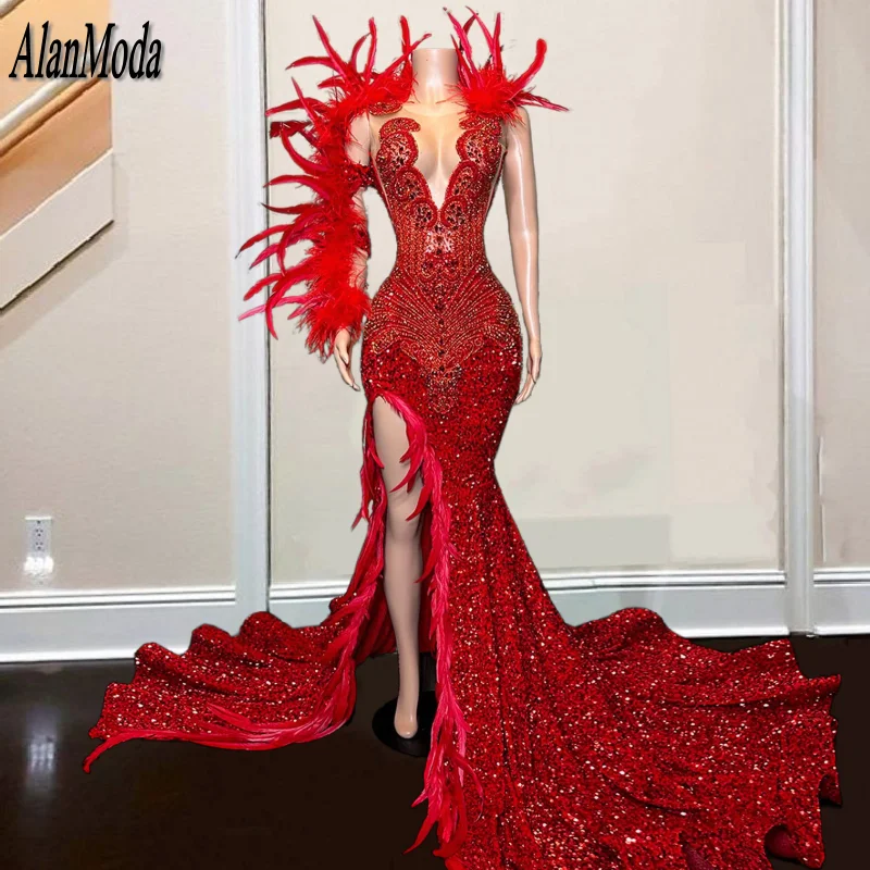 

Женское платье с юбкой-годе, роскошное блестящее платье с прозрачной горловиной и бусинами, черное платье с перьями для торжества