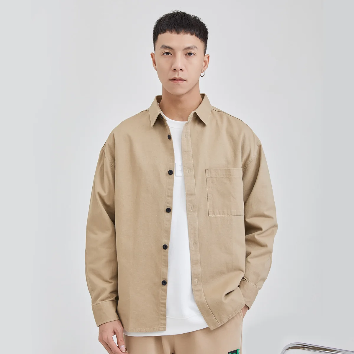 

2024 Men's Relaxed Fit Long Sleeve Pocket Work Shirt - Japanese Style, Pure Cotton Casual Wear for Spring
