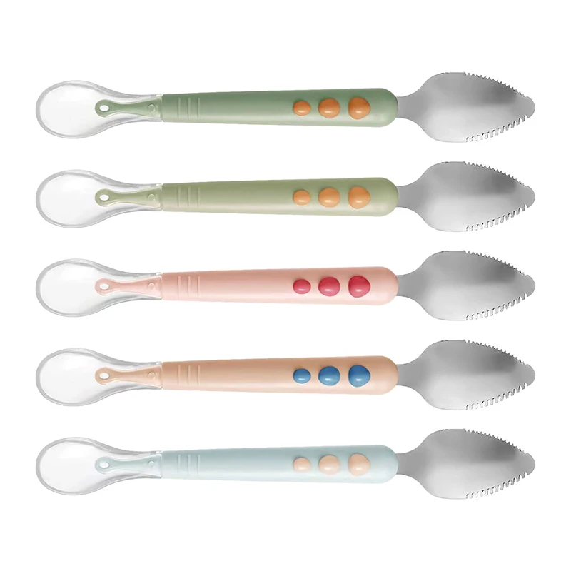 Baby Fruit Scraping Mud Spoon Double Head Silicone Stainless Steel Children Utensil Toddler Infant Food Feeding Tableware