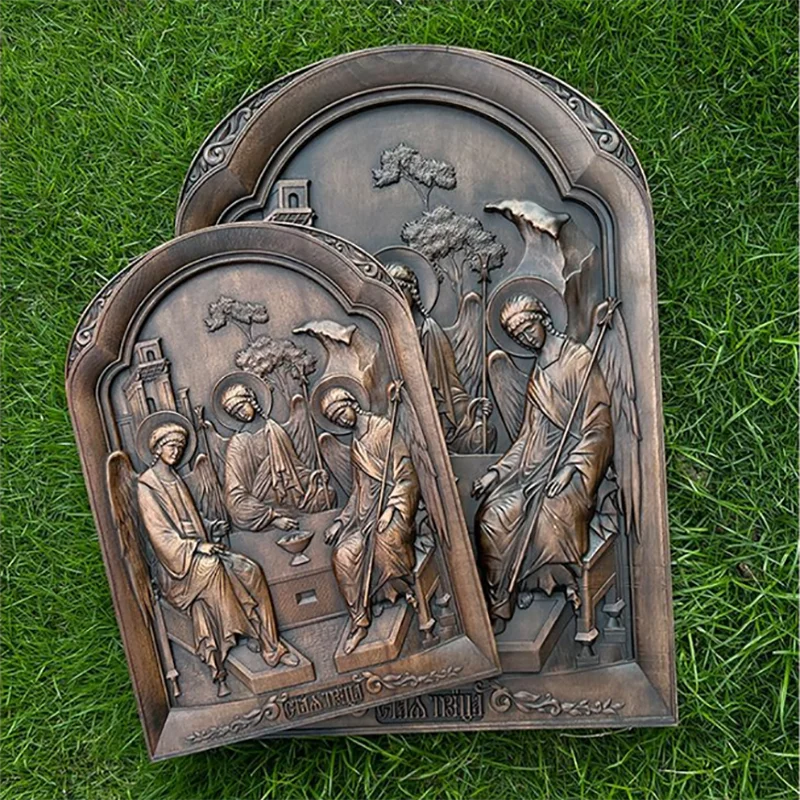 Holy Trinity Icon Wooden Wall Art - Hand Carved Father Son Holy Spirit Orthodox Decor, Catholic Christian Home Altar Hanging Pla