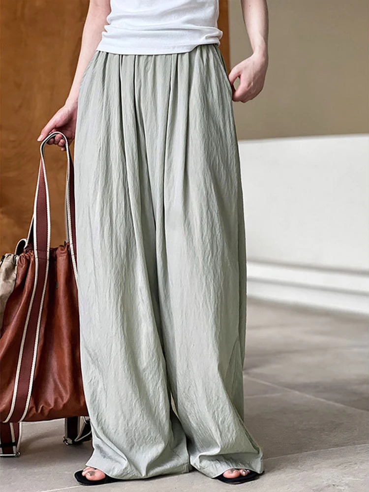 [LANMREM] Minimalism Elastic High Waist Wide Leg Pants Women Pleated Loose Trousers Sunscreen Clothing 2024 Summer New 26D9170