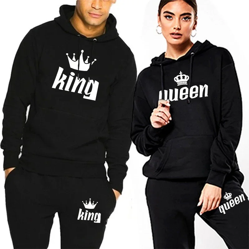 

Couple Sportwear Set KING or QUEEN Printed Lover Hooded Suits Hoodie and Pants 2pcs Set Streetwear Men Women Matching Clothes
