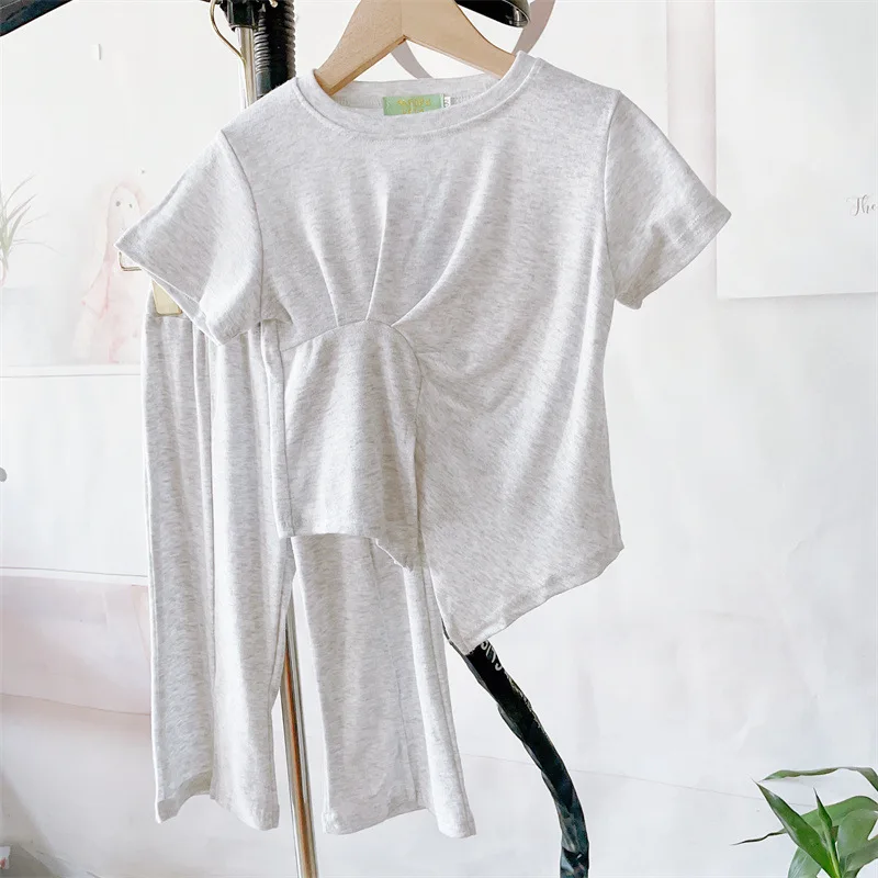 

Children's Wear 2024 Summer New Girls' Modal Irregular Top And Flare Pants Two Piece Set