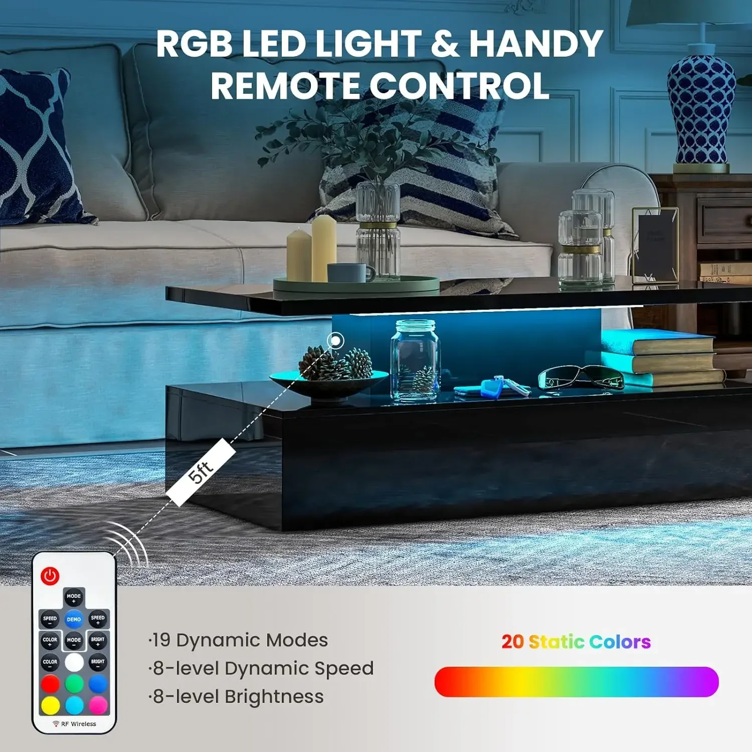 LED Coffee Table, Modern High Gloss Coffee Table w/ 20-Color LED Lights, Adjustable Speed & Brightness, Remote Control 5