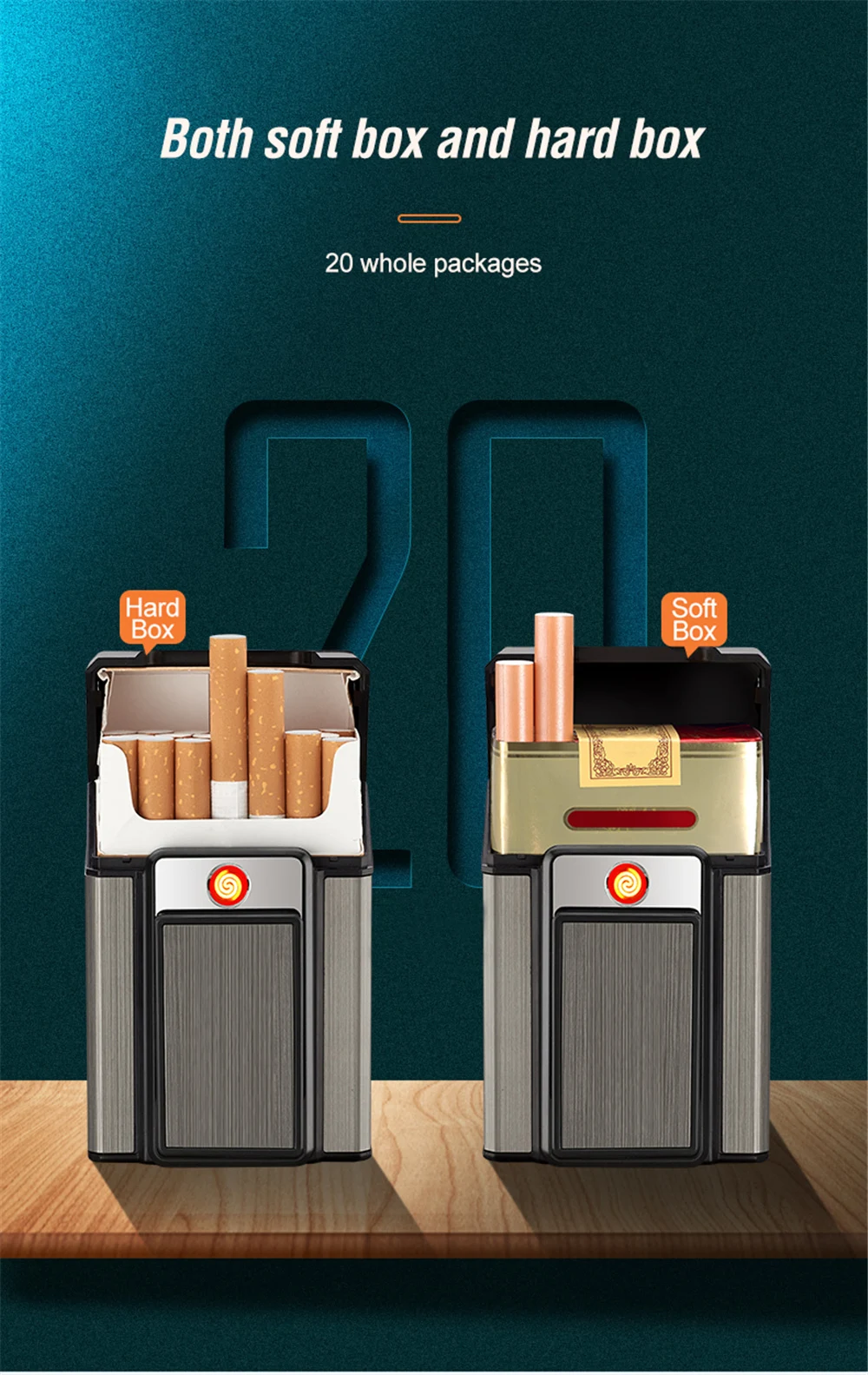 Description Picture 4 of itemNew Creative Portable USB Rechargeable Lighter Cigarette Case Windproof Cigarette Lighter 20 Cigarette Cases Smoking Accessories