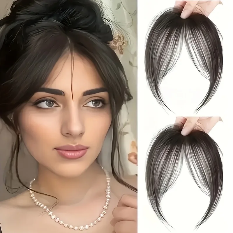 1 confezione di frangia per donna, dall'aspetto naturale per la parte superiore della testa e l'area frontale, capelli sintetici, frangia angolata e arricciata. - immagine 2