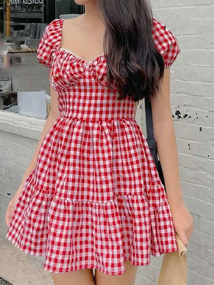 

ZANZEA Fahsion Square Neck Women Short Robes Checked Mini Dress Elegant Lace Trim Puff Sleeve Spliced Plaid High Waist Sundress