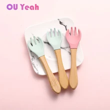 

Wooden Handle Silicone Spoon and Fork Set Baby Feeding Utensils Kid Training Eat Solid Food Dishes Children Spoon Fork Tableware