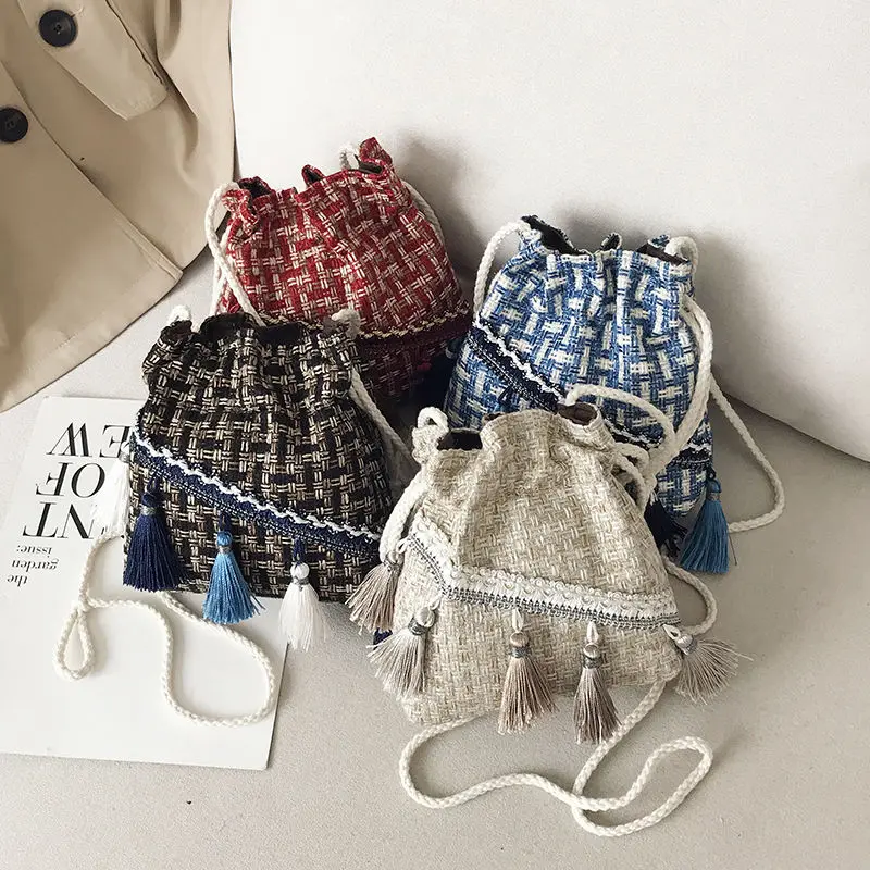 

Chinese Ethnic style Canvas antique bag knit small bag fairy purse Tassel bucket bag female cosplay handbag