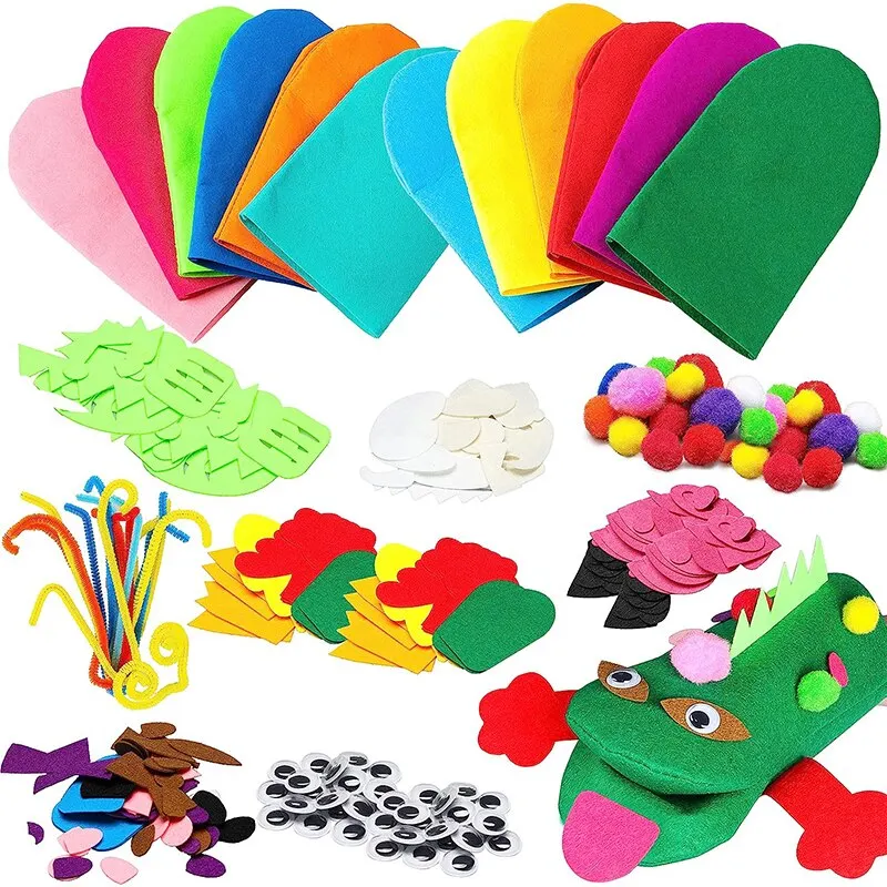 12Pcs Hand Puppet Making Kit for Kids Art Craft Felt Sock Puppet Toys Handicraft Creative DIY Storytelling Role Play Supplies