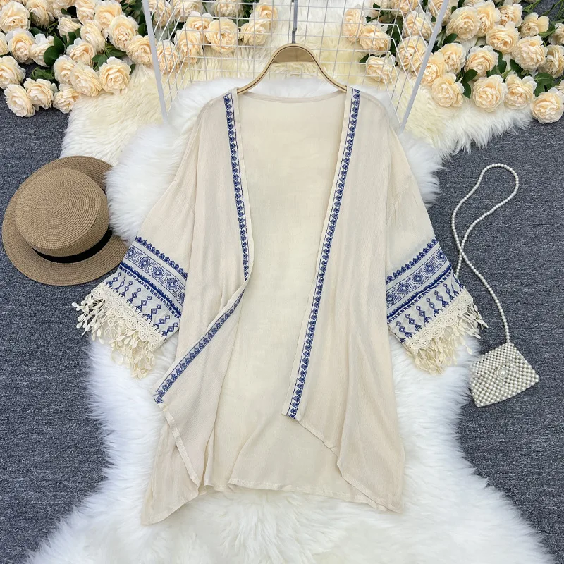 Woman Bohemian Kimono Shawl Beach Cover Up Women Embroidered Tassel White Ladies Bikini Cover Ups Cardigan Beachwear Mujer