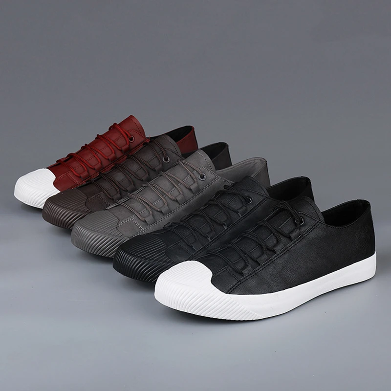 Luxury Low Top Men Vulcanize Shoes 2023 Autumn New Leather Casual Shoes Korean Breathable Black Lace-up Sneaker Shoes