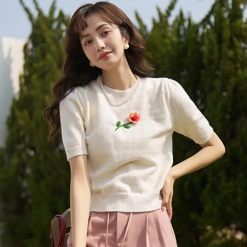 

Women's Round Neck Bubble Short Sleeved Sweater, Loose, Three-Dimensional Floral Chic Knit Top