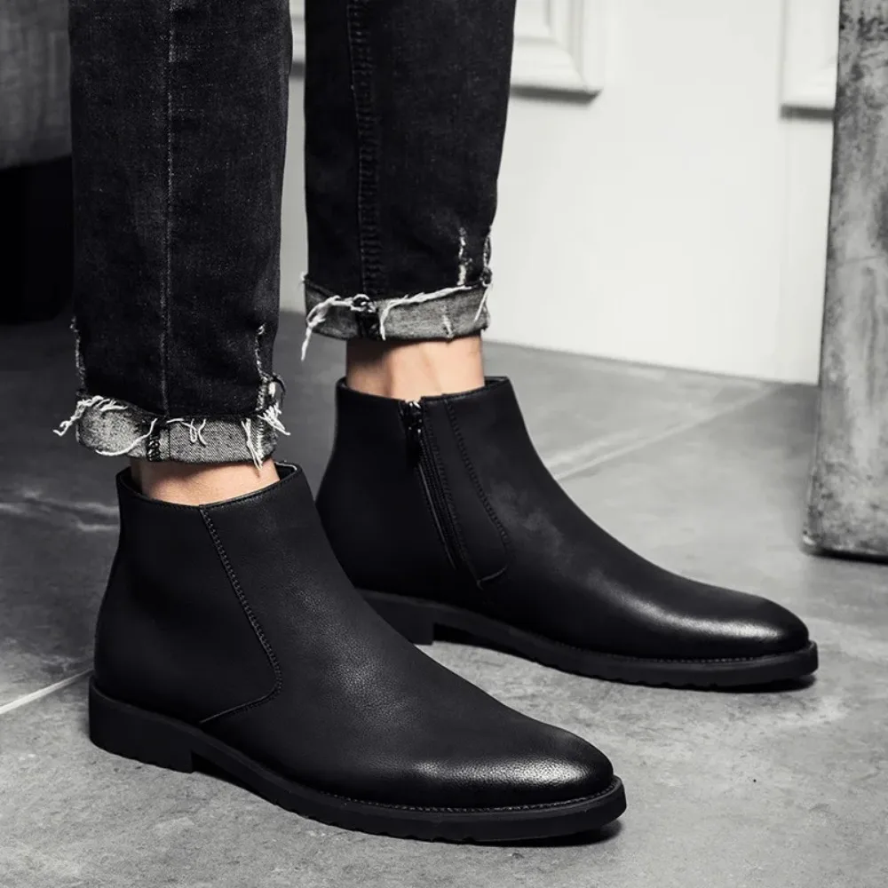Spring Fashion Leather Men's Boots Convenient Zip Pointed Toe Business Dress Boots Shoes for Men Ankle