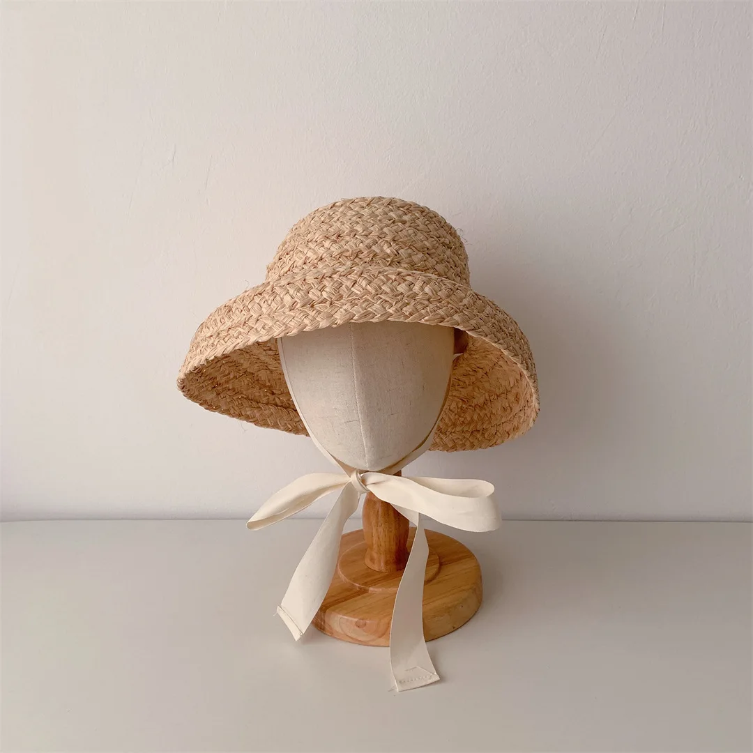 Summer Sun Hat Girls Raffia Straw Hat Retro Travel Sunscreen Beach Vacation with Lacing for Children Holidays