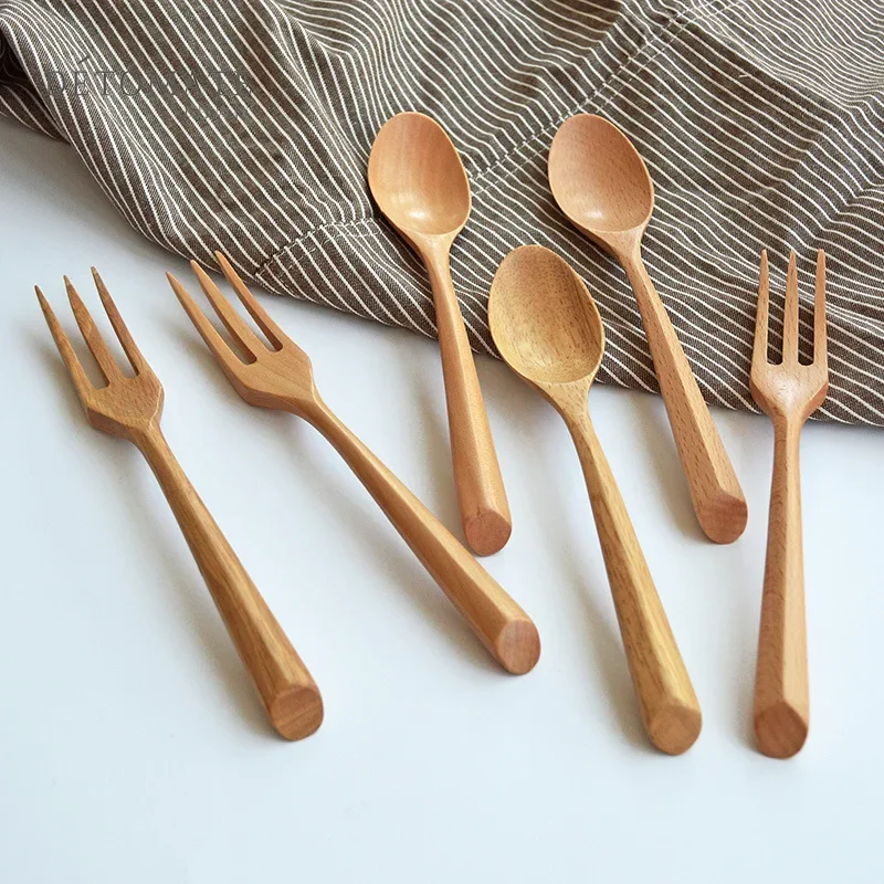 Natural Wooden Spoon Set Portable Eco-friendly Fork Tableware Cutlery Sets Travel Dinnerware Suit Simple Kitchen Tools