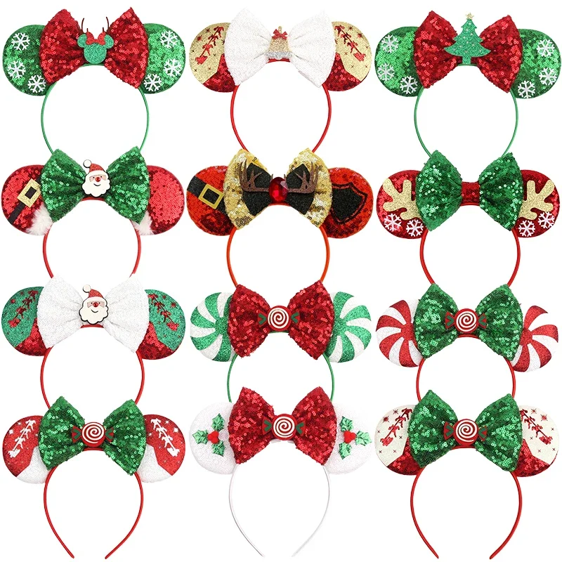 Disney Merry Christmas Hairbands Mickey Mouse Ears Fasce Per Ragazze Bambini Donne Candy Cane Fiocchi Accessori Per Capelli Copricapo Regalo