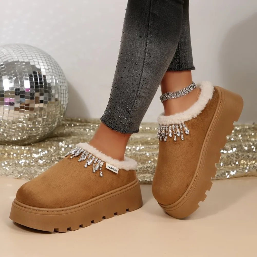 Rhinestone decoration Cotton Platform Slippers Women Autumn Winter Plush Warm Cotton Shoes Woman Plus Size Anti Slip Snow Boots