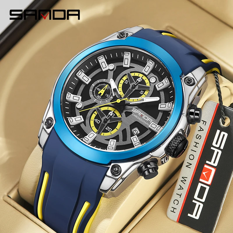 2023 New Quartz Silicone Waterproof Three Eyes Six Pin Fluorescent Watch Fashion Simple Calendar Pin Scale Sanda 5307