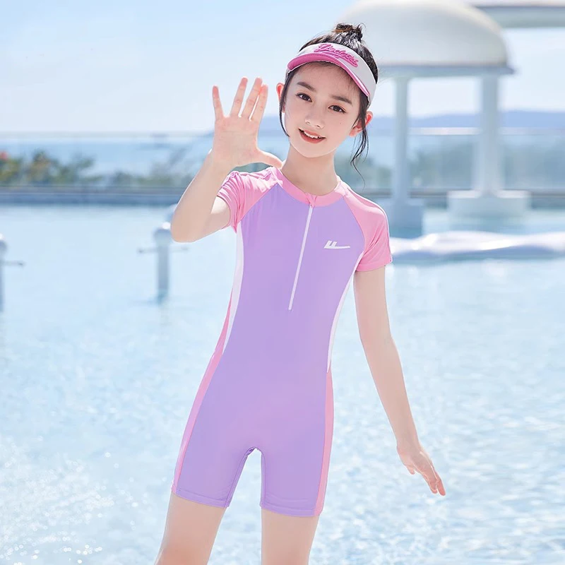 بدلة سباحة بسحاب أمامي من قطعة واحدة للفتيات ملابس سباحة للأطفال بأكمام قصيرة نمط ملابس بحر مقاس كبير
