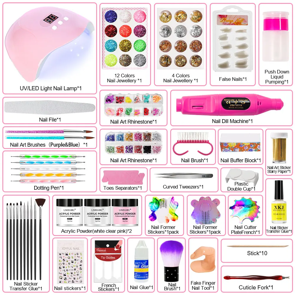 Acrylic Nail Art Kit UV Nail Dryer Light Polishing Tools With Electric Nail Drill Acrylic Nail Art Supplies For Beginner With Ev 2