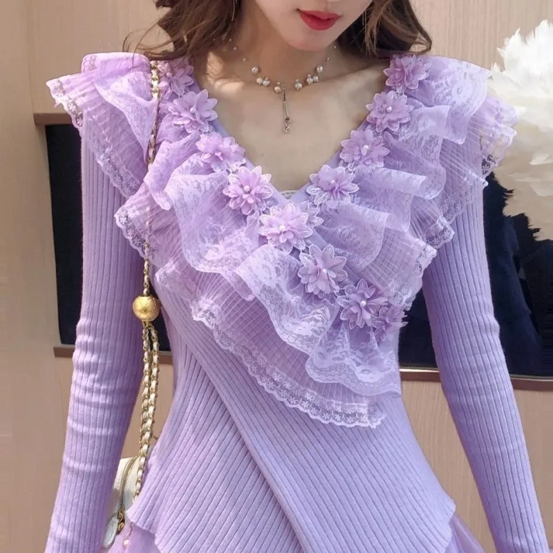 

Sweater Women Lace Crochet Ruffles V-neck Beading Sweet Pullover Autumn Winter New Fashion Shirt Jumper Female Sweaters