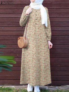 ZANZEA Islamic Women Floral Print Maxi Dress Long Sleeve Loose Casual Abaya Robes 2025 Spring Muslim Hijab O Neck Kaftan Dresses