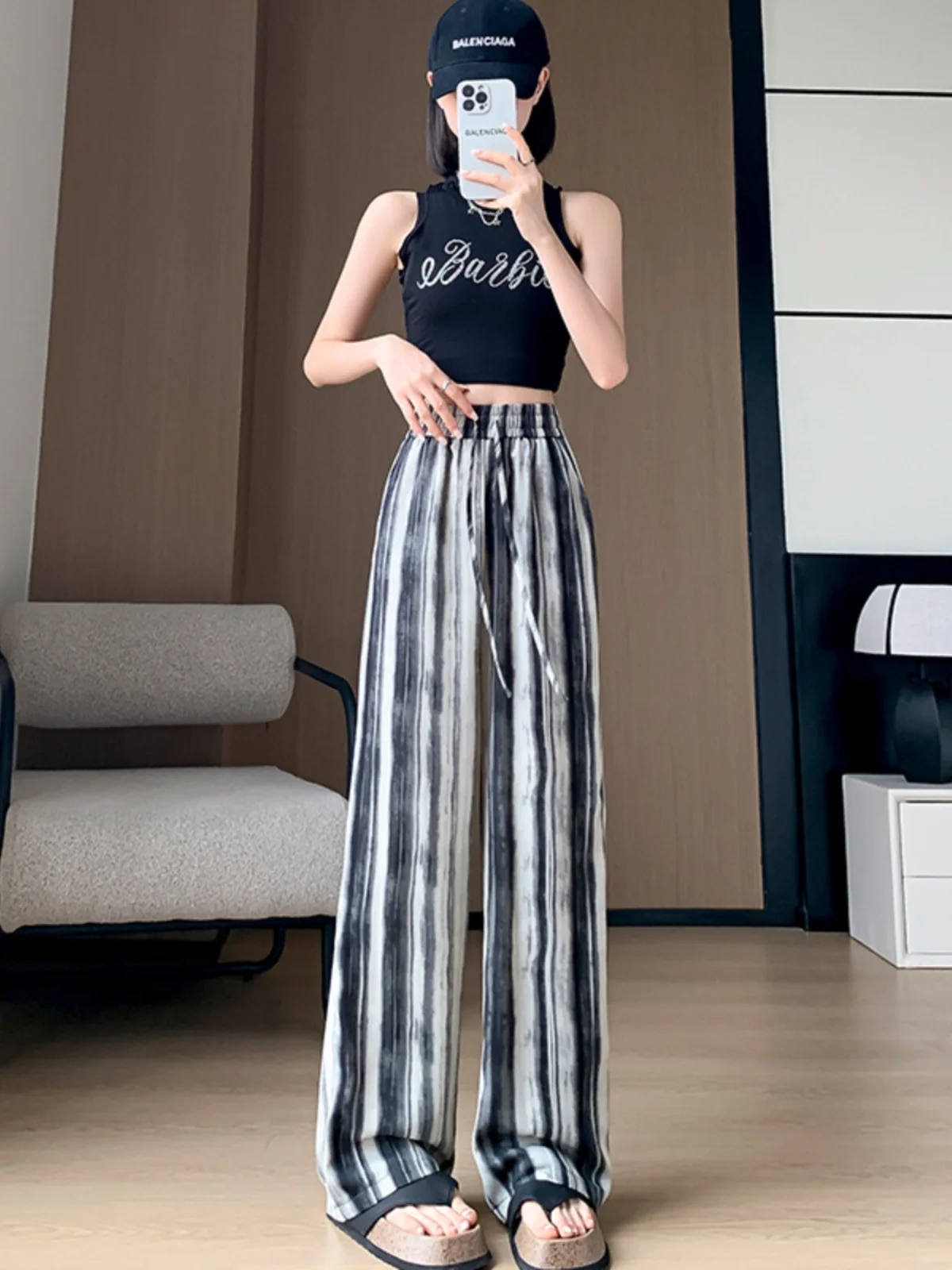 

2024 New Women Summer Ice Silk Loose Wide-leg Pants Female Tie-dyed Striped Straight Pant Ladies High Waist Casual Trousers C33