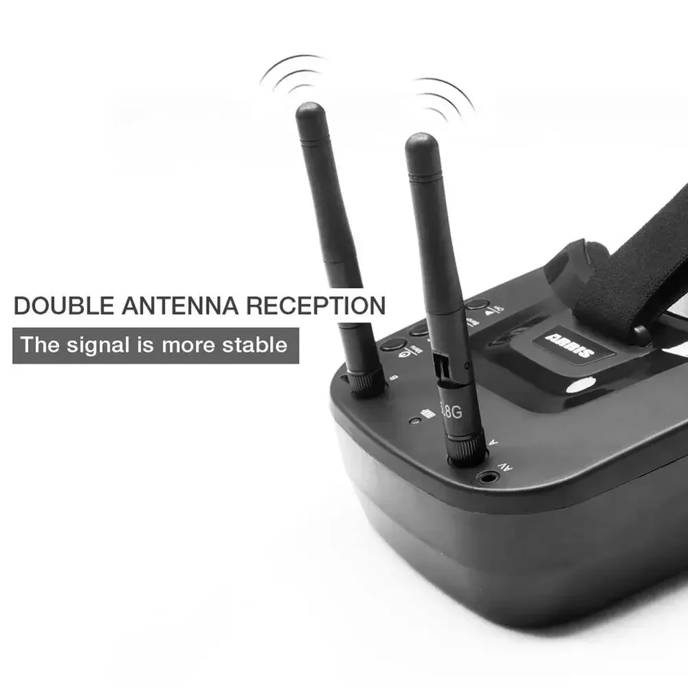 Écran allumé des lunettes FPV VR009 affichant l'interface DVR et la réception diversité