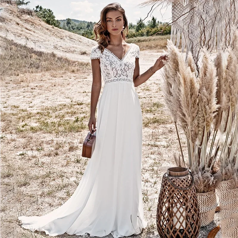 

Boho Lace Wedding Dress 2024 Sweep Train A-Line Appliques Backeless V-neck Stain Bridal Gown Sleeveless Vestidos De Novia