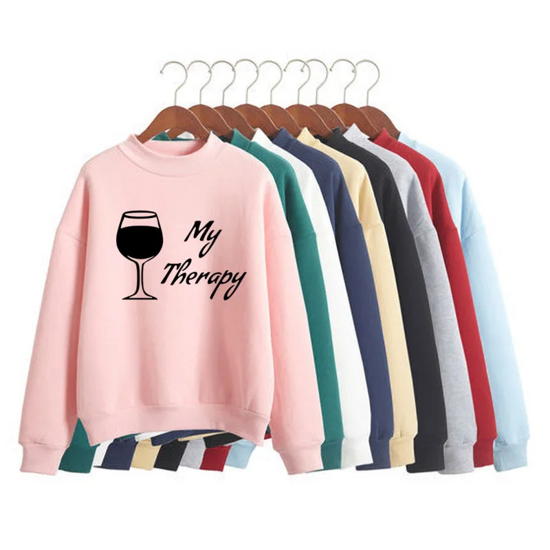 

MY THERAPY Wine Print Women Sweatshirt Korean O-neck Knitted Pullover Thick Autumn Winter Candy Color Loose women Clothes