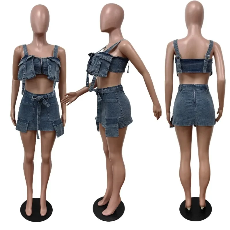Women's 3D Pockets Patchwork Denim 2 Piece Set Hot Girls Zipper Strapless Crop Tops High Waist Lace Up Skirt Trend Streetwear