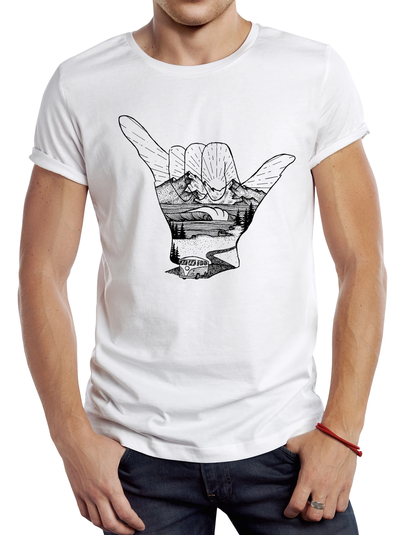 Teehub Vintage Hand Camper van Männer T-Shirt lässig männliche Tops Hipster Retro lose Shaka Hand Symbol gedruckt T-Shirt