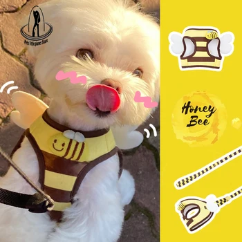 귀여운 꿀벌 새끼 고양이 강아지 하네스 및 가죽 끈 세트, 부드러운 통기성 개 조끼 하네스 리드, 소형견 치와와용 반려동물 의류
