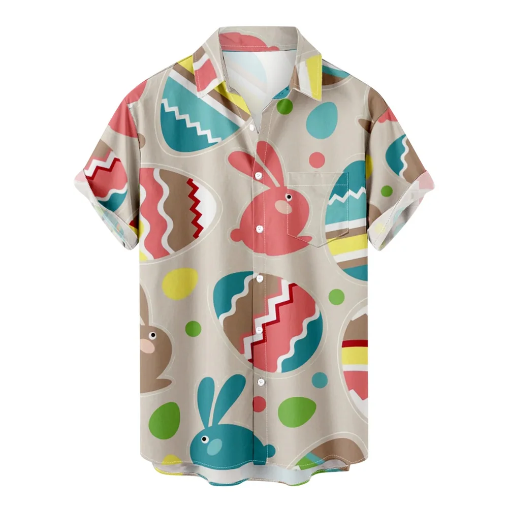 thumbnail image 1 of Camisa de Pascua feliz 2024 para hombre, divertida camiseta hawaiana con estampado de conejo, blusa de talla grande con solapa y botones de manga corta, 1 of 5