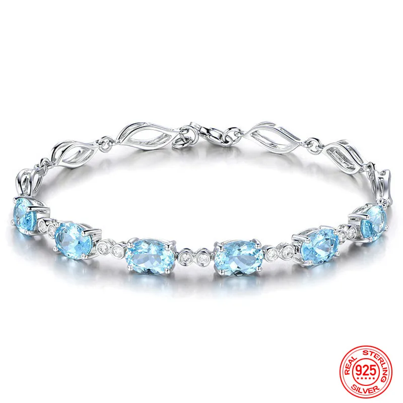 

925 Sterling Silver Aquamarine Bracelet Chain For Women Fashion Wedding Jewelry