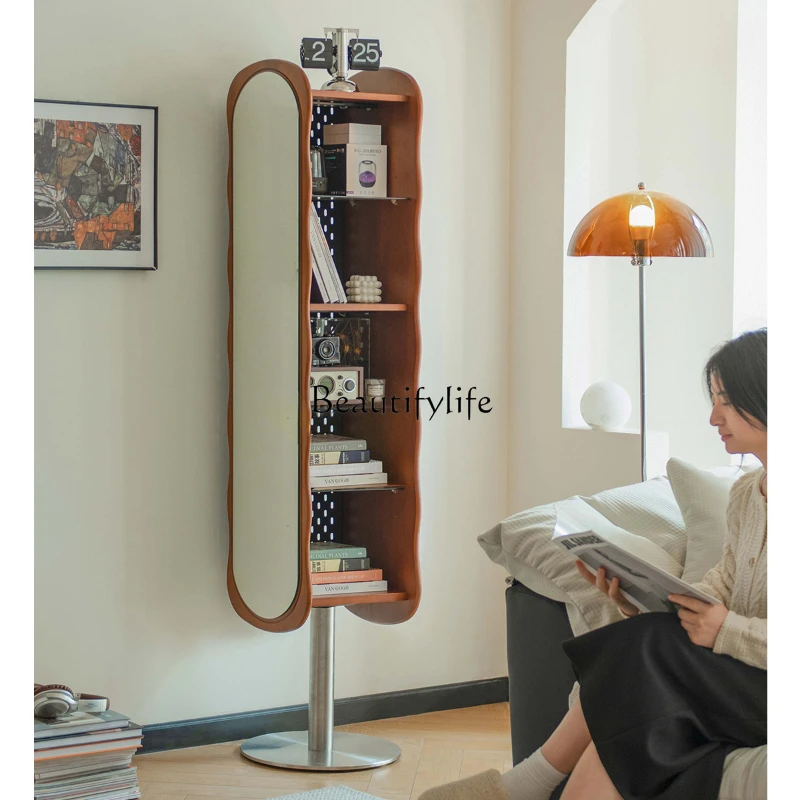 

Retro Solid Wood Full-Body Floor Mirror Corner Cabinet Household Living Room Rotatable Mirror Cabinet
