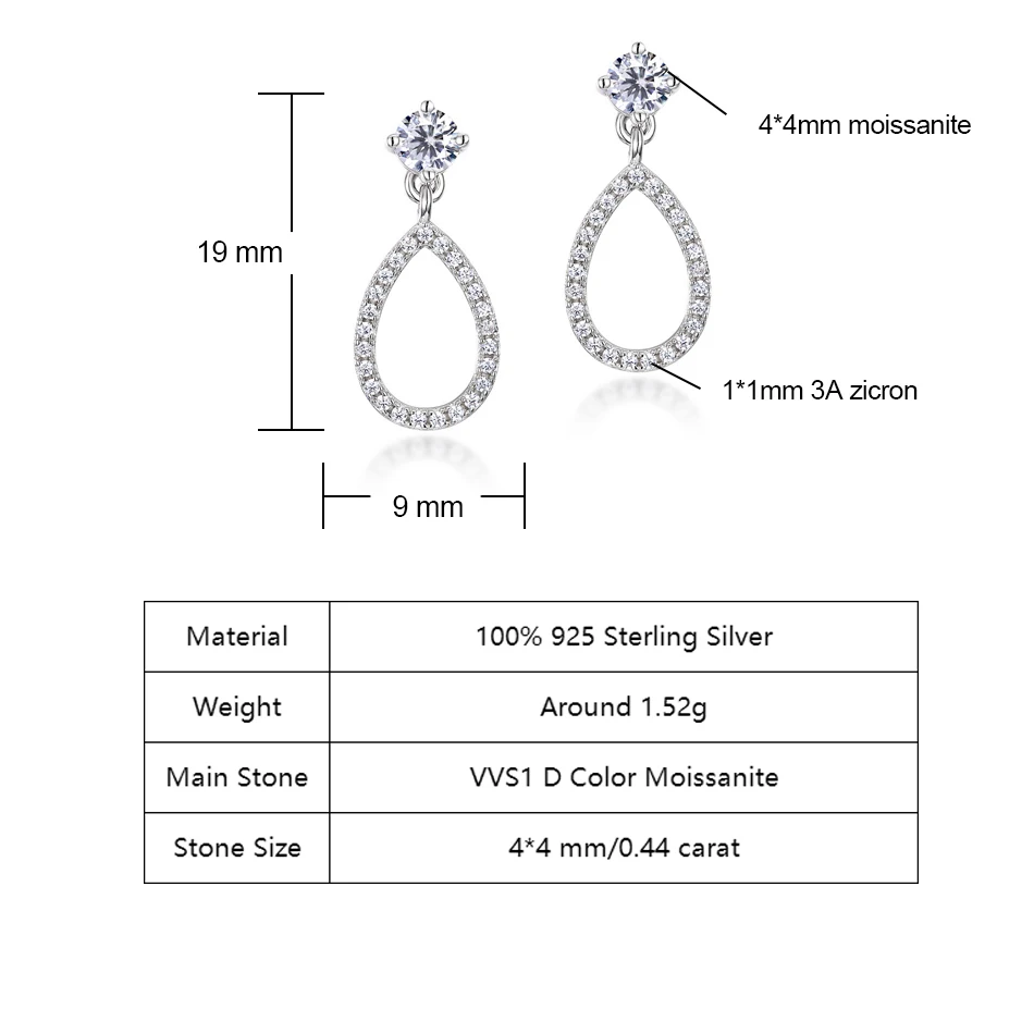 925 Sterling Silver 4*4mm VVS1 D Color Moissanite Drop Earrings for Woman Diamond Bridal Wedding Gifts Certified GRA ALLNOEL