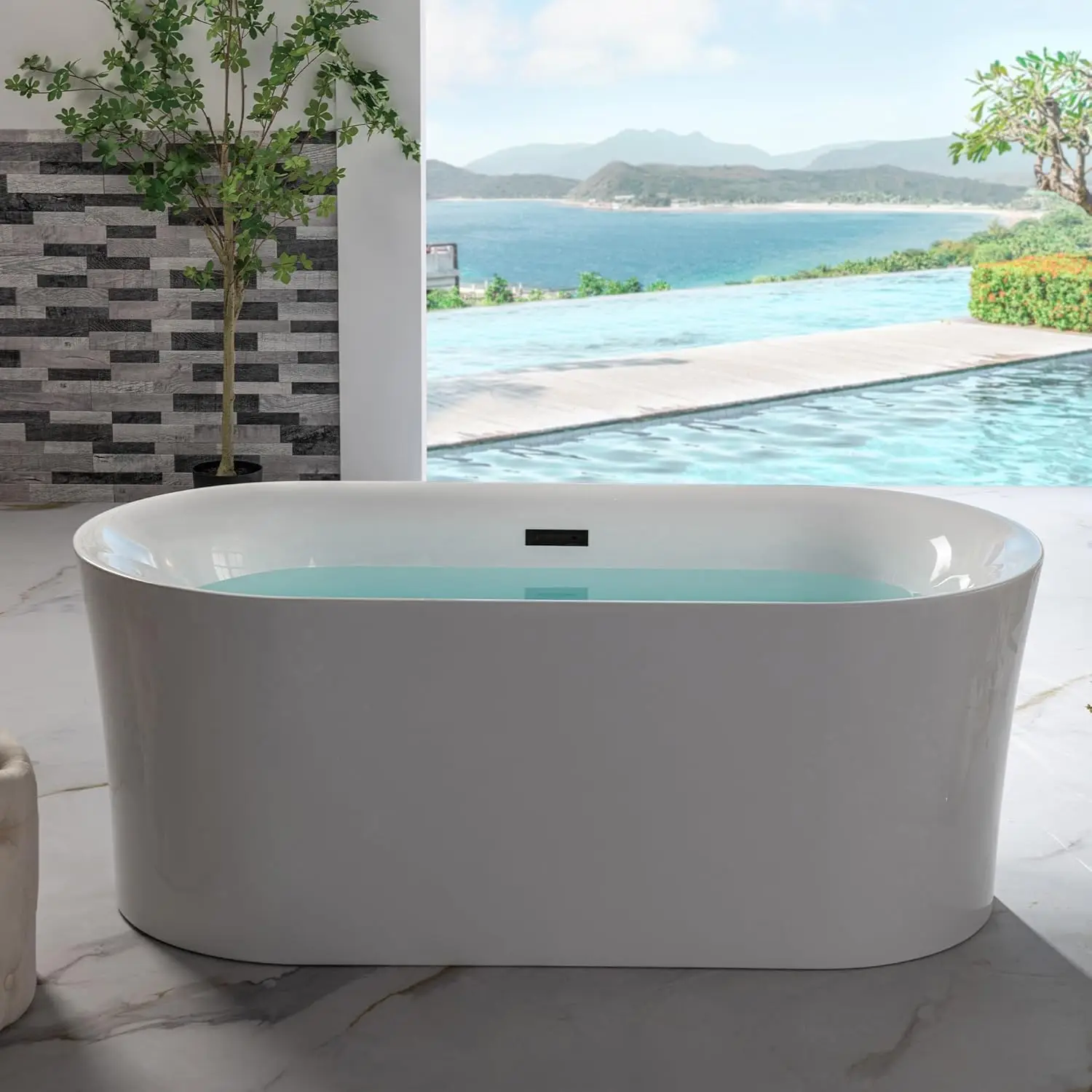 59 inch Acrylic Freestanding Bathtub Contemporary Soaking Tub with Matte Black Overflow and Drain White Tub CURVED DESIGN