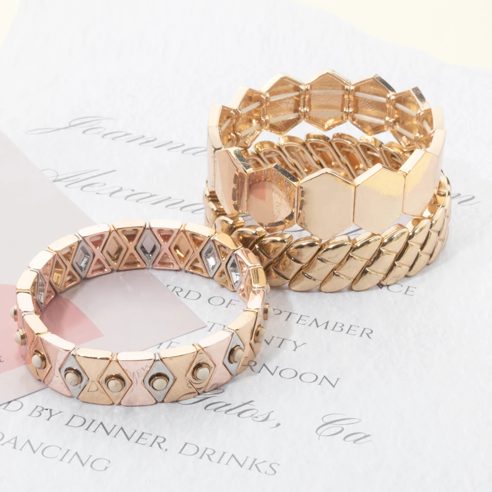 2024 New Fashions Bohemian Enamel Bracelet Gold Color Alloy Muti-Shape Beads Elastic Bangle for Women Jewelry Accessories 2