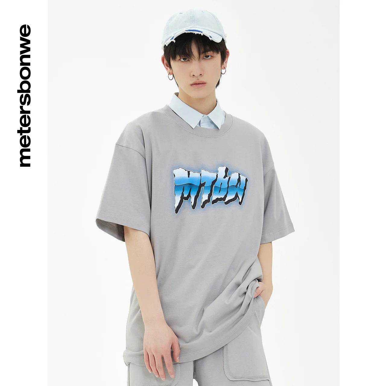 

Metersbonwe-Male O-neck T-shirt with Graffiti Kintted Loose Tee, 100 Cotton Casual Tops, Trend Clothing, Summer, 2022
