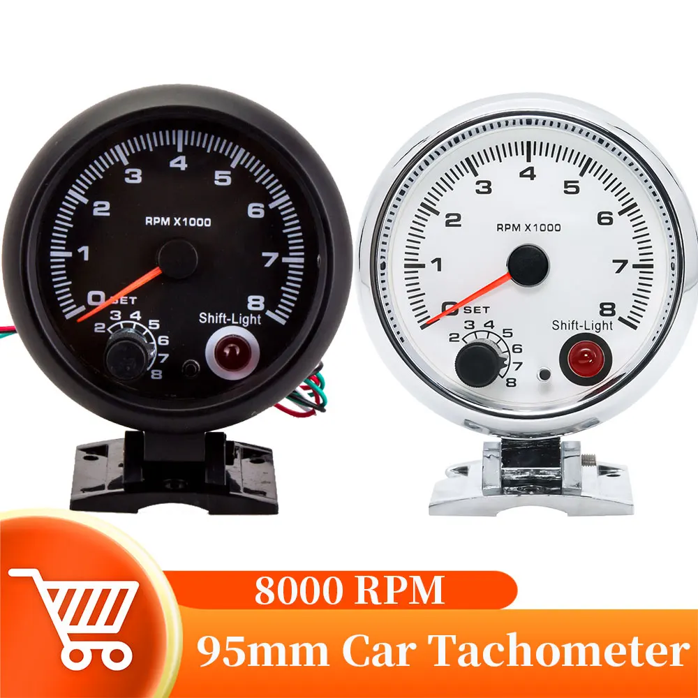 95mm Car Tachometer 0-8000 RPM Meter 7 Colors LED Backlight Chrome Case  Shift Light 4 6 8 Cylinders For Car Racing