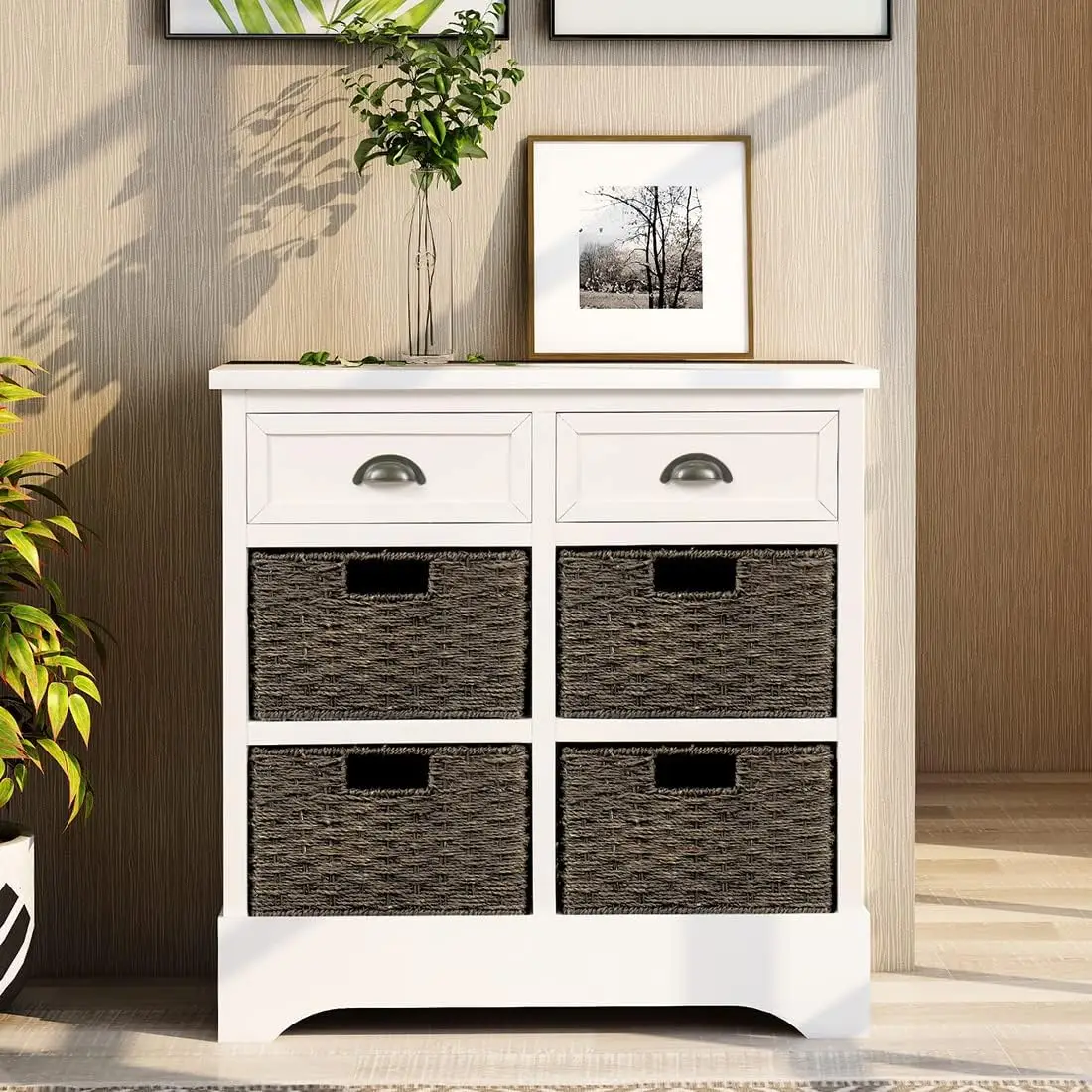 

Rustic Wooden Storage Cabinet, Modern Console Table with 2 Drawers and 4 Rattan Basket, Buffets & Sideboards