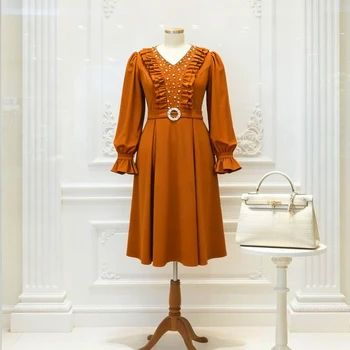 Elegante Abito da Donna a Linea A con Scollo a V, Maniche Lunghe a Lanterna, Perline e Volant, Vita Alta, Perfetto per Feste, Matrimoni e Occasioni Formali