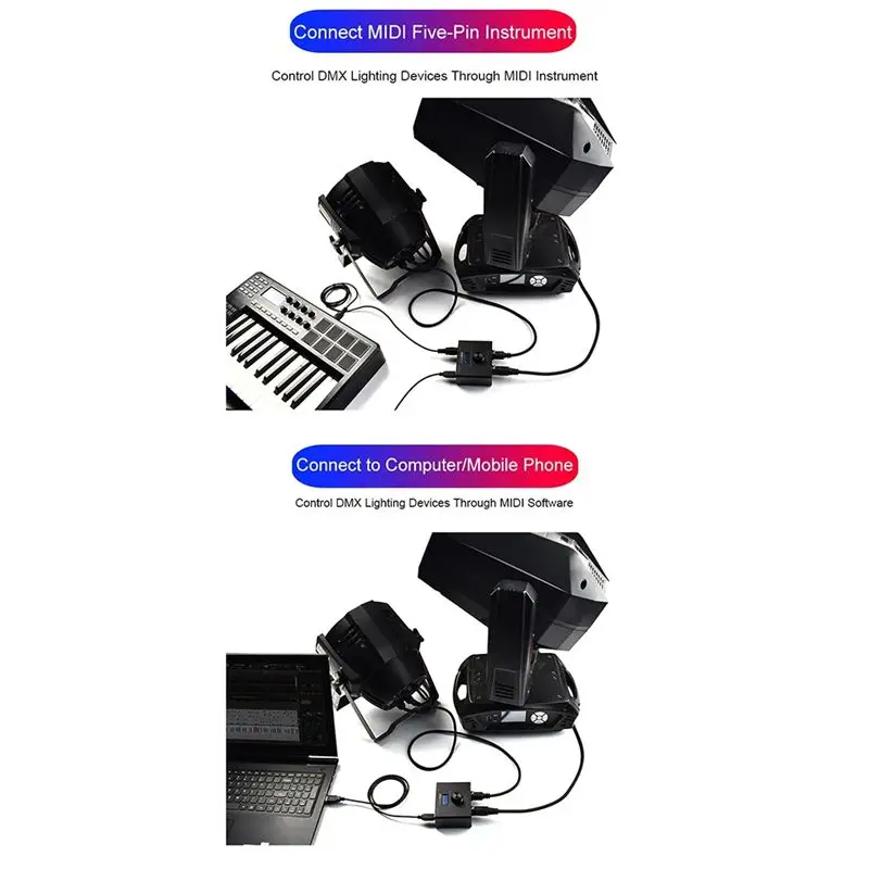 Doremidi MIDI 메시지를 DMX 컨트롤러 MTD-1024로 변환하면 MIDI 신호를 DMX 무대 조명 제어로 변환합니다.