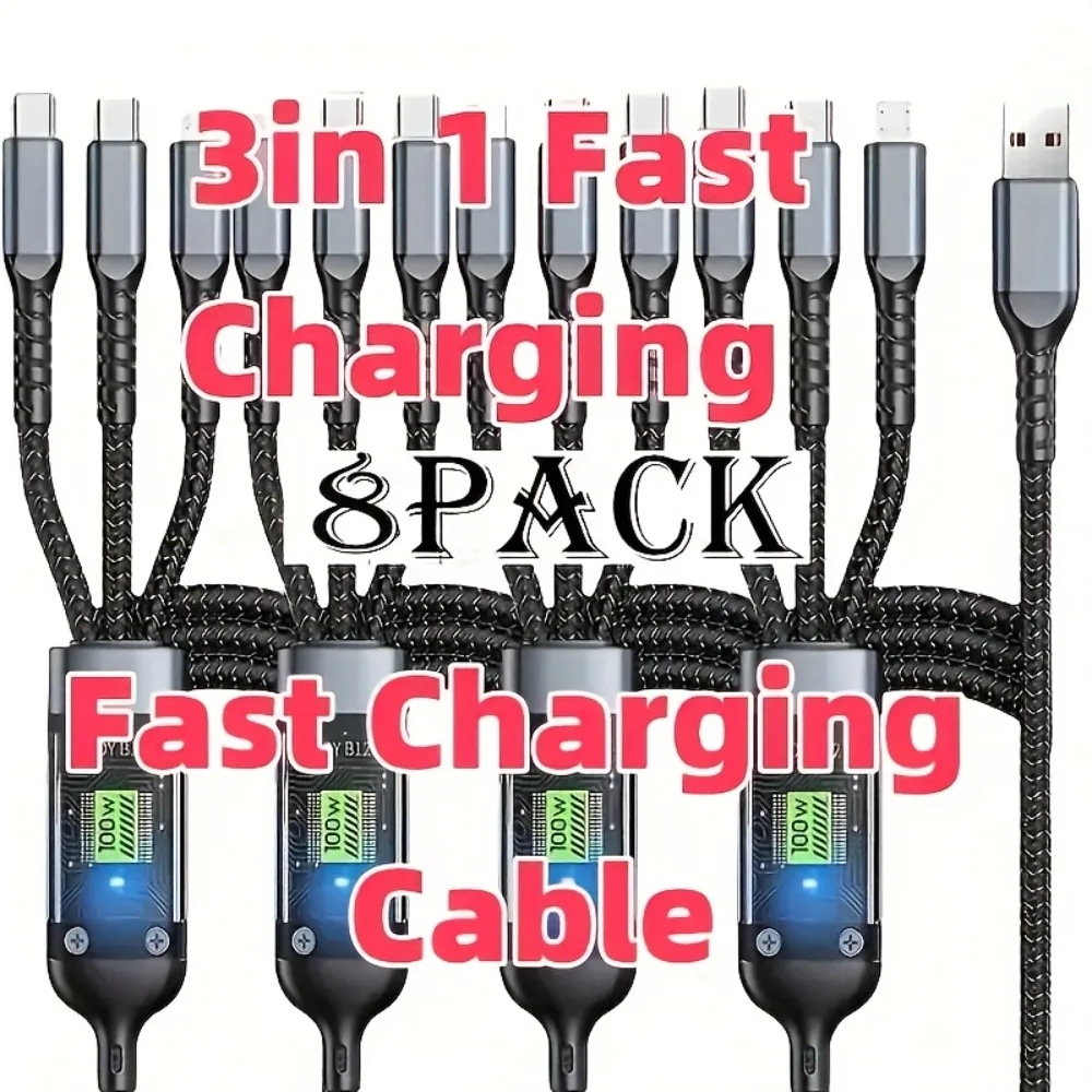 Багатофункціональний зарядний кабель 3-в-1 USB для швидкого заряджання, нейлоновий кабель із опліткою, багатопортовий зарядний адаптерний кабель, підтримує Type-C