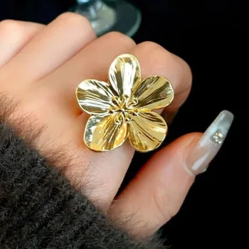 Exaggerated Big Bloom Flower Metal Rings for Women French Elegant Stainless Steel Gold Color Finger Rings Wedding Jewelry Gifts