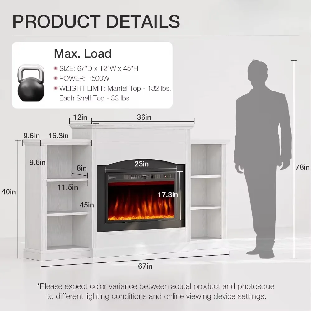 23'' Fireplaces W/ 67" Mantel, Fireplace TV Stand, Storage Shelves, Remote Control, Fireplaces